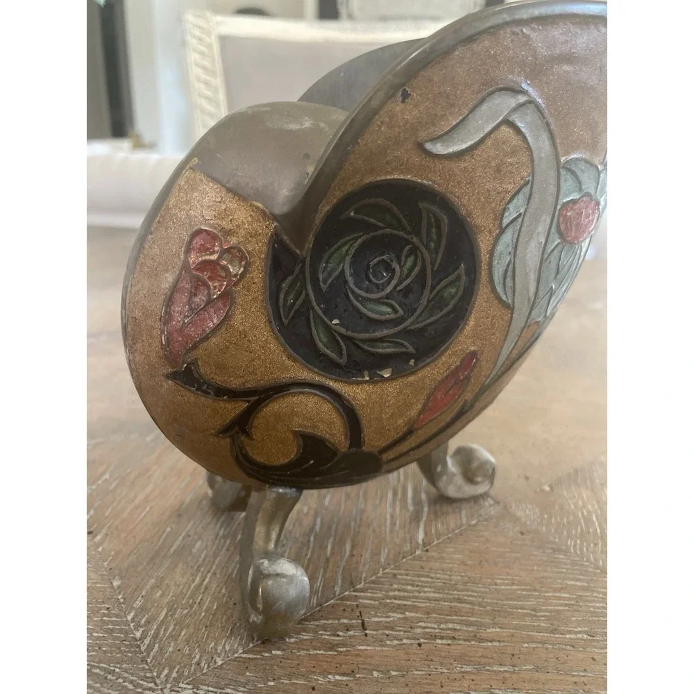 Vtg Antique Brass & Enamel Floral Cloisonné Nautilus Shell‎ Vase Urn 6